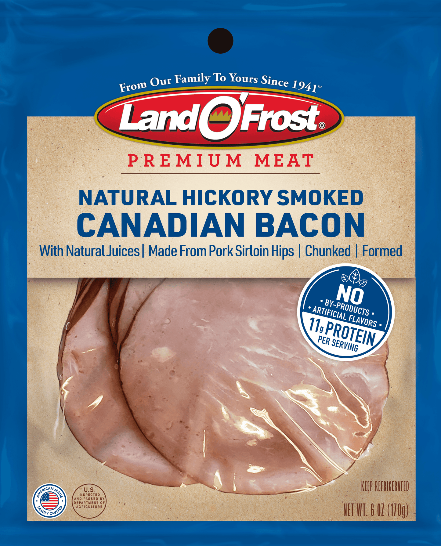 Land O' Frost Hickory Smoked, Canadian Bacon, Vacuum Sealed Plastic Pouch,  6 oz