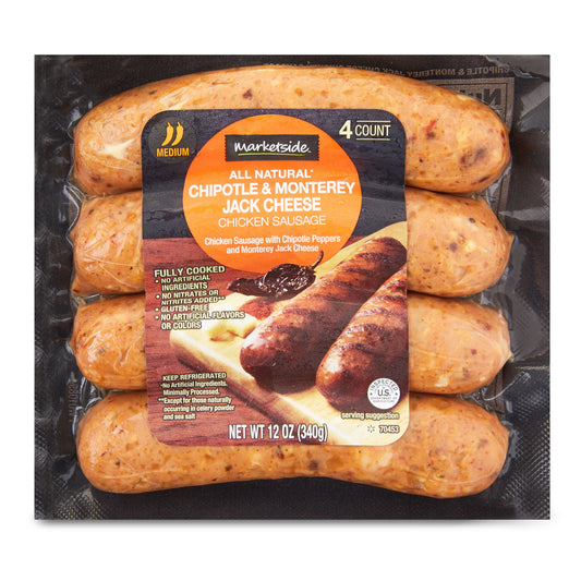 Marketside All Natural Fully Cooked Gluten Free Chipotle & Monterey Cheese Chicken Sausage 12oz, 4 Count, (Refrigerated), Plastic Film