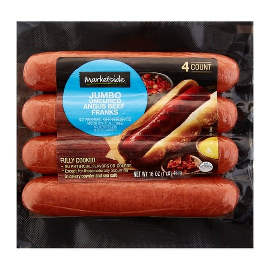 Marketside Fully Cooked Jumbo Uncured Angus Beef Frank 4 Count, 16oz (Refrigerated), Vac packed plastic film