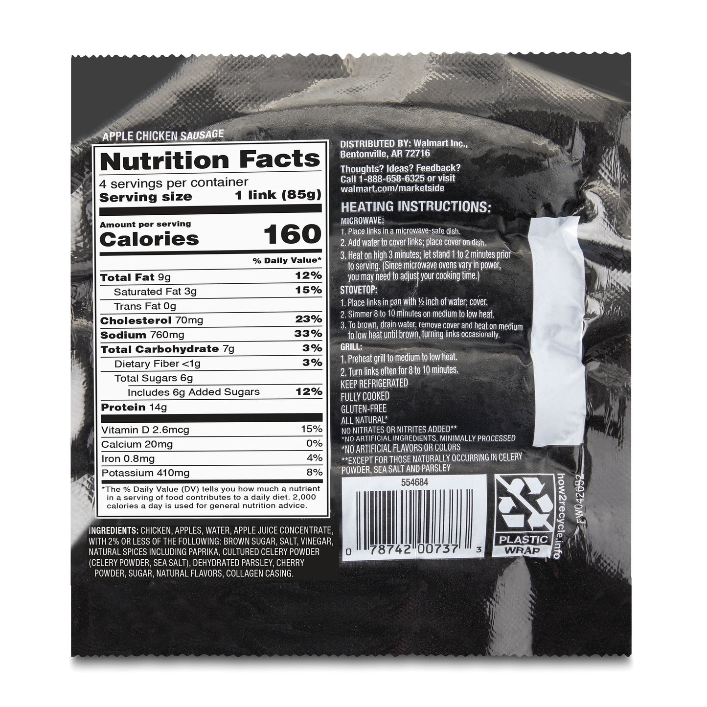 Marketside Fully Cooked, Gluten-Free Chicken Apple Sausage 12oz, 4 Count (Refrigerated)