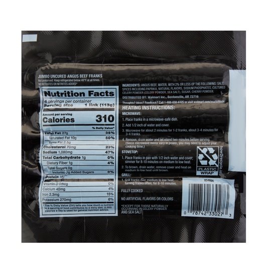 Marketside Fully Cooked Jumbo Uncured Angus Beef Frank 4 Count, 16oz (Refrigerated), Vac packed plastic film