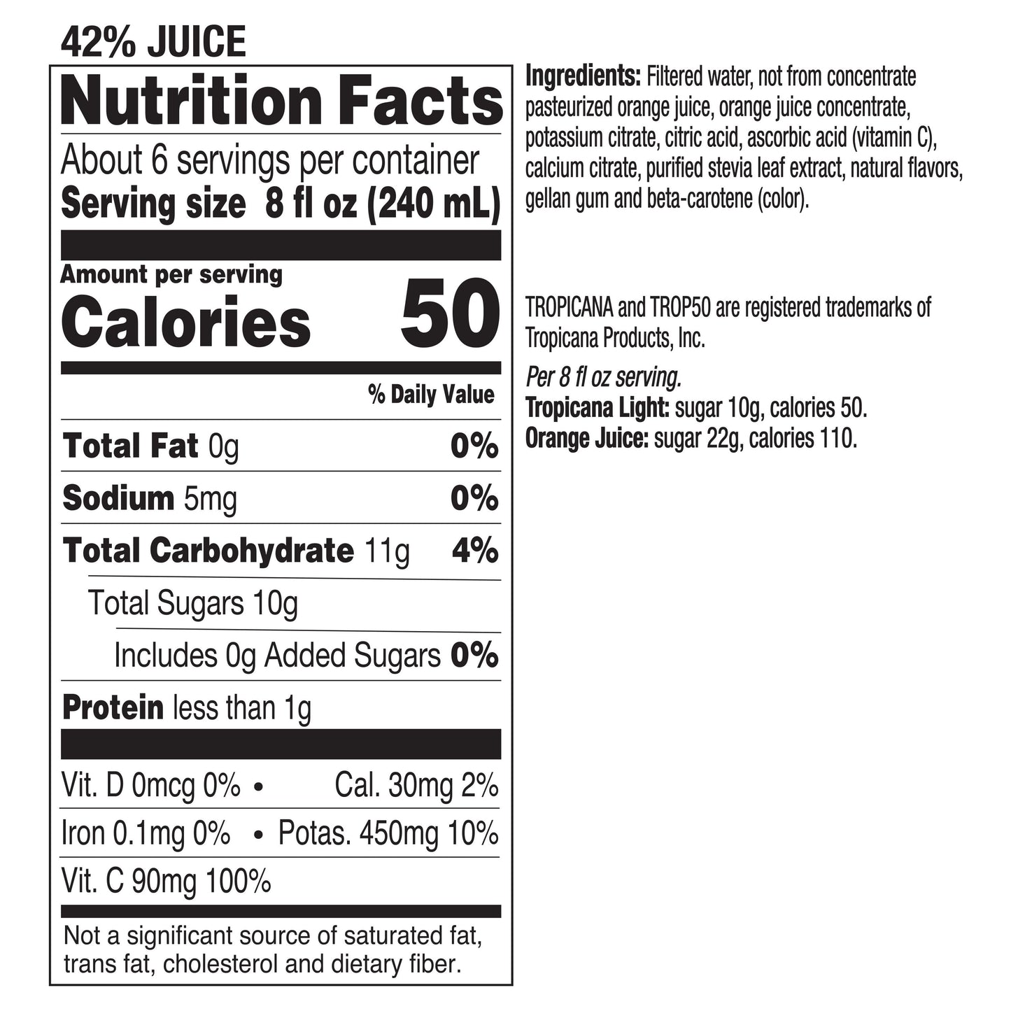 Tropicana Light Orange Fruit Juice, No Pulp, 52 fl oz