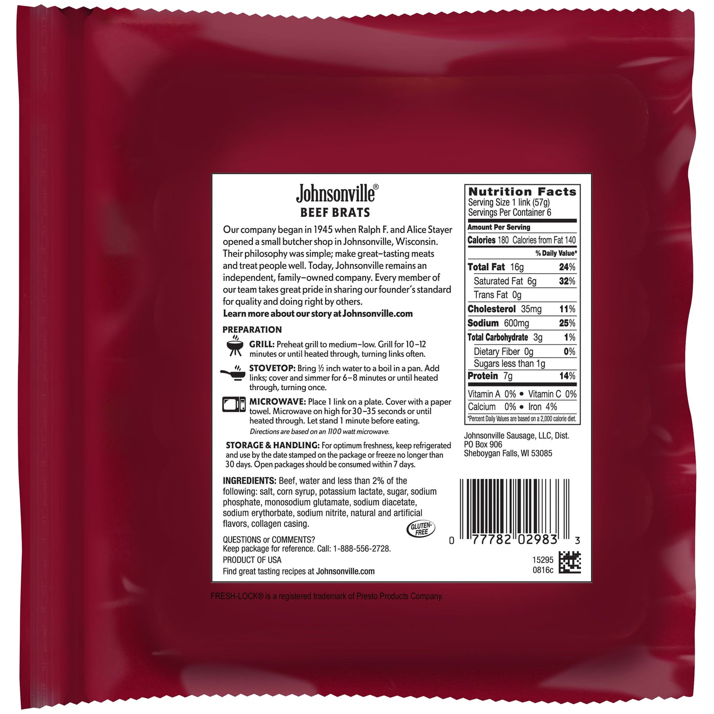 Johnsonville Smoked Beef Bratwurst, 6 Links, 12 oz