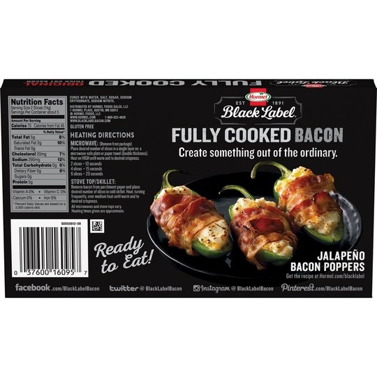 HORMEL BLACK LABEL Pork Bacon, Fully Cooked, 2.52 oz Plastic Package