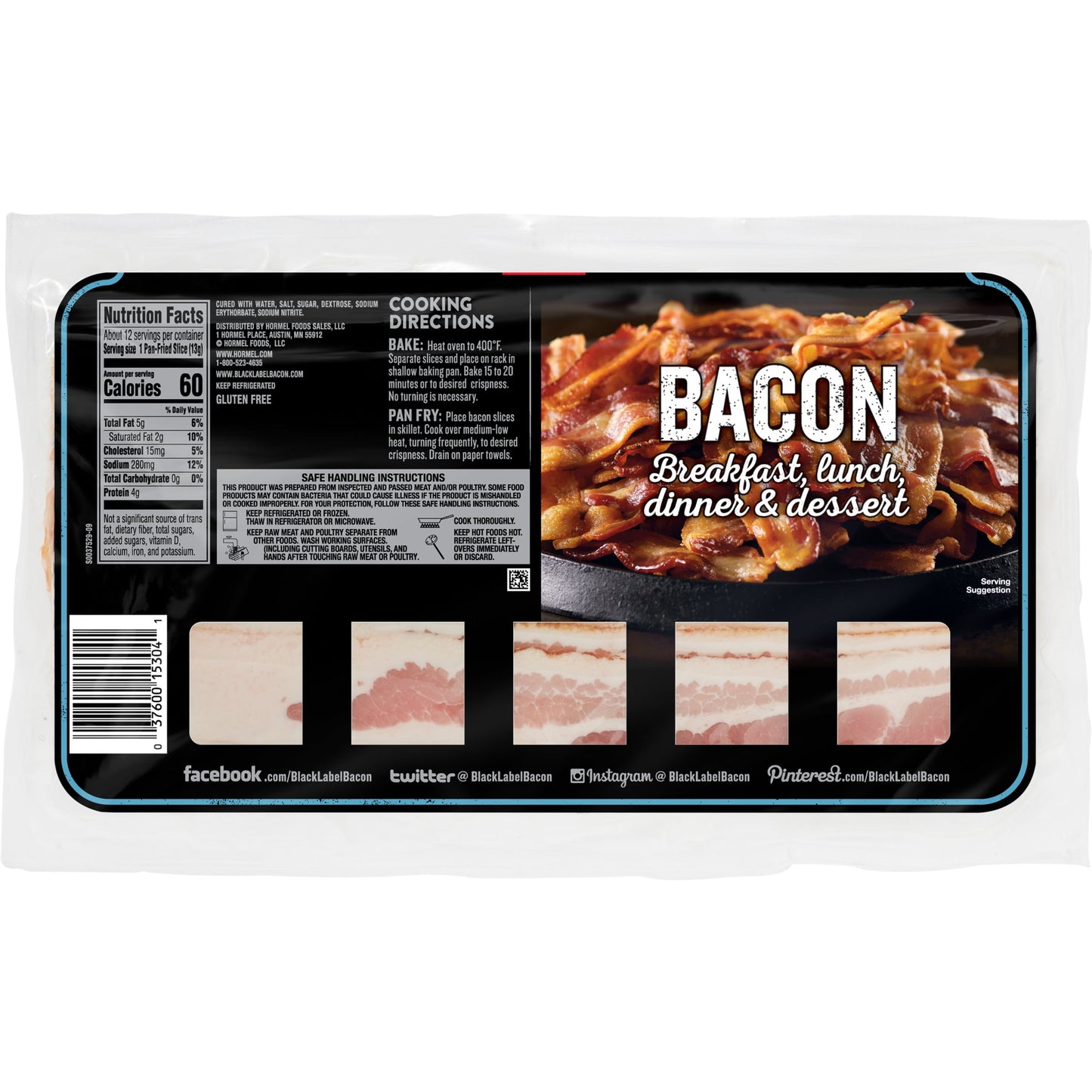 HORMEL BLACK LABEL Pork Bacon, Thick Cut, 16 oz Plastic Package